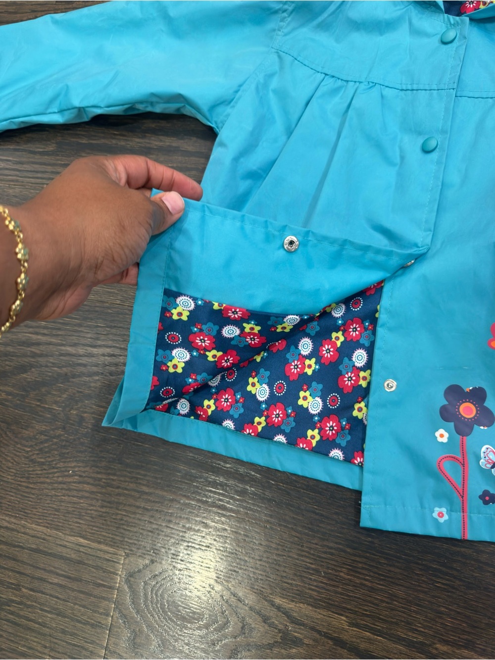 Kids Hooded Floral Raincoat - Turquoise - Picture 5 of 7